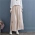 Women Retro Embroidery Wide leg Pants Cotton Linen High Waist Solid Color Slit Casual Large Size Trousers blue 3XL