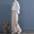 Women Retro Embroidery Wide leg Pants Cotton Linen High Waist Solid Color Slit Casual Large Size Trousers blue 3XL