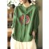 Women Retro Linen Long sleeved Shirt Embroidered Solid Color Loose Casual Bottoming Shirt Tops Blouse green 4XL
