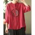 Women Retro Linen Long sleeved Shirt Embroidered Solid Color Loose Casual Bottoming Shirt Tops Blouse yellow M