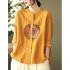 Women Retro Linen Long sleeved Shirt Embroidered Solid Color Loose Casual Bottoming Shirt Tops Blouse yellow XL