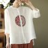 Women Retro Linen Long sleeved Shirt Embroidered Solid Color Loose Casual Bottoming Shirt Tops Blouse White 2XL