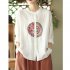 Women Retro Linen Long sleeved Shirt Embroidered Solid Color Loose Casual Bottoming Shirt Tops Blouse White 2XL