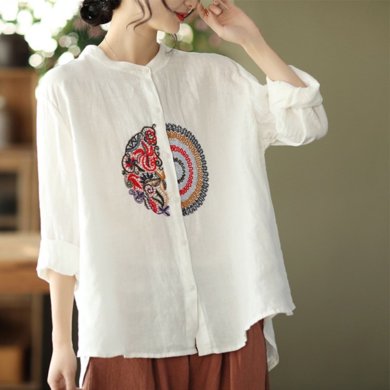 Women Retro Linen Long-sleeved Shirt Embroidered Solid Color Loose Casual Bottoming Shirt Tops Blouse White 3XL