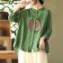 Women Retro Linen Long sleeved Shirt Embroidered Solid Color Loose Casual Bottoming Shirt Tops Blouse White 3XL