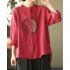 Women Retro Linen Long sleeved Shirt Embroidered Solid Color Loose Casual Bottoming Shirt Tops Blouse White 3XL