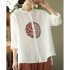 Women Retro Linen Long sleeved Shirt Embroidered Solid Color Loose Casual Bottoming Shirt Tops Blouse red L
