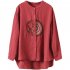 Women Retro Linen Long sleeved Shirt Embroidered Solid Color Loose Casual Bottoming Shirt Tops Blouse red L