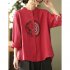 Women Retro Linen Long sleeved Shirt Embroidered Solid Color Loose Casual Bottoming Shirt Tops Blouse red L