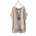 Women Round Collar Casual Flax Tops Fashion Breathable Solid Color Loose Tops gray XXXL