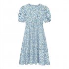 Women Round Neck Dress Summer Short Puff Sleeves High Waist A-line Skirt French Floral Printing Midi Skirt As shown L
