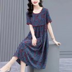 Women Round Neck Half Sleeves Dress Retro Floral Printing A-line Skirt Trendy Loose Casual Large Size Dress As shown L