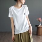Women Round Neck Short Sleeves T-shirt Cute Embroidered Bunny Casual Tops Simple Solid Color Loose Blouse White 4XL