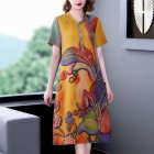 Women Round Neck Short Sleeves Dress Casual Loose Large Size A-line Skirt Retro Printing Pullover Midi Skirt As shown 3XL