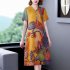 Women Round Neck Short Sleeves Dress Casual Loose Large Size A line Skirt Retro Printing Pullover Midi Skirt As shown XL