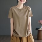 Women Round Neck Short Sleeves T-shirt Cute Embroidered Bunny Casual Tops Simple Solid Color Loose Blouse Khaki L
