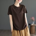 Women Round Neck Short Sleeves T-shirt Cute Embroidered Bunny Casual Tops Simple Solid Color Loose Blouse coffee color L