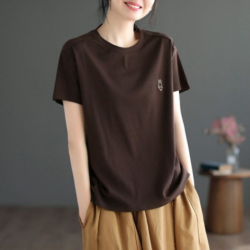 Women Round Neck Short Sleeves T-shirt Cute Embroidered Bunny Casual Tops Simple Solid Color Loose Blouse coffee color 3XL