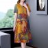 Women Round Neck Short Sleeves Dress Casual Loose Large Size A line Skirt Retro Printing Pullover Midi Skirt As shown L