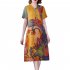 Women Round Neck Short Sleeves Dress Casual Loose Large Size A line Skirt Retro Printing Pullover Midi Skirt As shown L