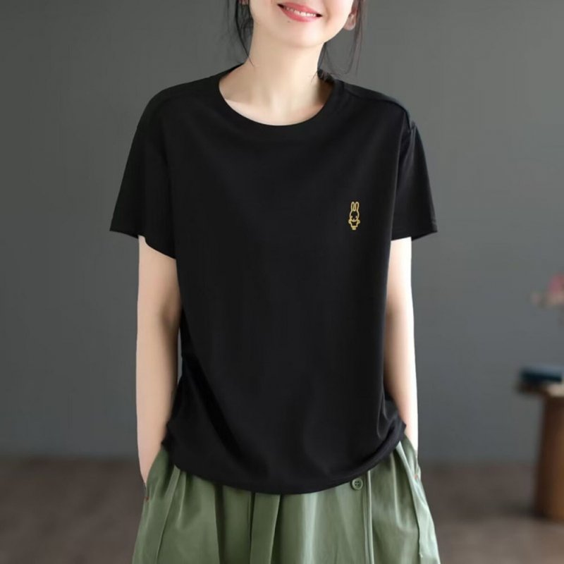 Women Round Neck Short Sleeves T-shirt Cute Embroidered Bunny Casual Tops Simple Solid Color Loose Blouse black 2XL