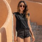 Women Round Neck Tank Tops Elegant Simple Solid Color Pullover Tops Casual Sleeveless T-shirt black M