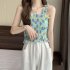 Women Ruffled Tank Top Summer Sweet Floral Printing Slim Fit Vest Trendy Casual Backless Sleeveless Tops Red flowers One size fits all