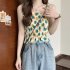 Women Ruffled Tank Top Summer Sweet Floral Printing Slim Fit Vest Trendy Casual Backless Sleeveless Tops Red flowers One size fits all