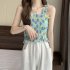 Women Ruffled Tank Top Summer Sweet Floral Printing Slim Fit Vest Trendy Casual Backless Sleeveless Tops Red flowers One size fits all