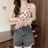 Women Ruffled Tank Top Summer Sweet Floral Printing Slim Fit Vest Trendy Casual Backless Sleeveless Tops Red flowers One size fits all
