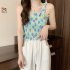 Women Ruffled Tank Top Summer Sweet Floral Printing Slim Fit Vest Trendy Casual Backless Sleeveless Tops Red flowers One size fits all
