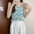 Women Ruffled Tank Top Summer Sweet Floral Printing Slim Fit Vest Trendy Casual Backless Sleeveless Tops Red flowers One size fits all