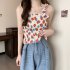 Women Ruffled Tank Top Summer Sweet Floral Printing Slim Fit Vest Trendy Casual Backless Sleeveless Tops Red flowers One size fits all