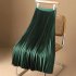 Women Satin Pleated Skirt Summer Thin High Waist Elegant Simple Solid Color Midi Skirt black 2XL