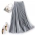 Women Satin Pleated Skirt Summer Thin High Waist Elegant Simple Solid Color Midi Skirt silver gray L