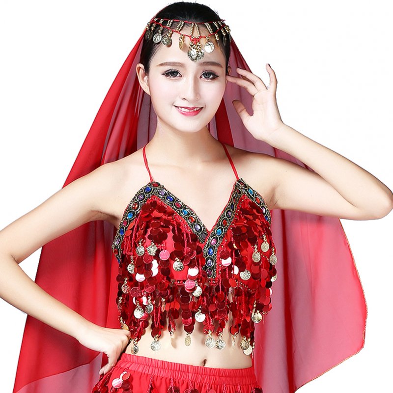 Wholesale Women Sequin Tassel Bra Tops Strappy Halter Backless Belly Dance  Crop Top Party Dance Costume Vest bright red One size From China
