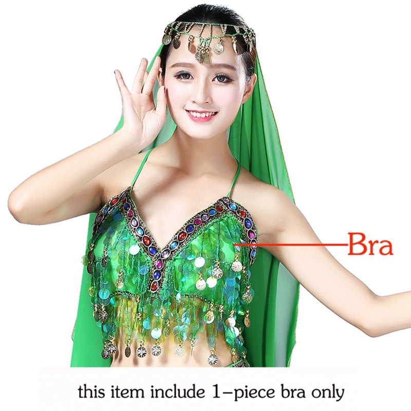 Women Sequin Tassel Bra Tops Strappy Halter Backless Belly Dance Crop Top Party Dance Costume Vest green One size