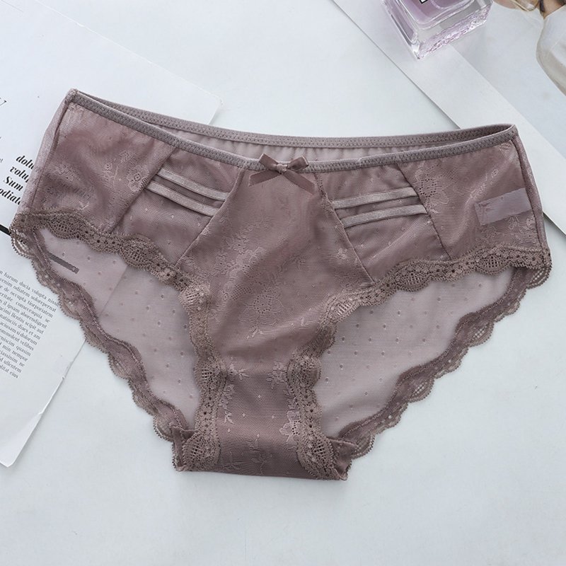 Women Sexy Briefs Ultra-thin Hollow Lace Cotton Crotch Underwear Quick-drying Panties Lady Lingerie Underpants Brown_One size