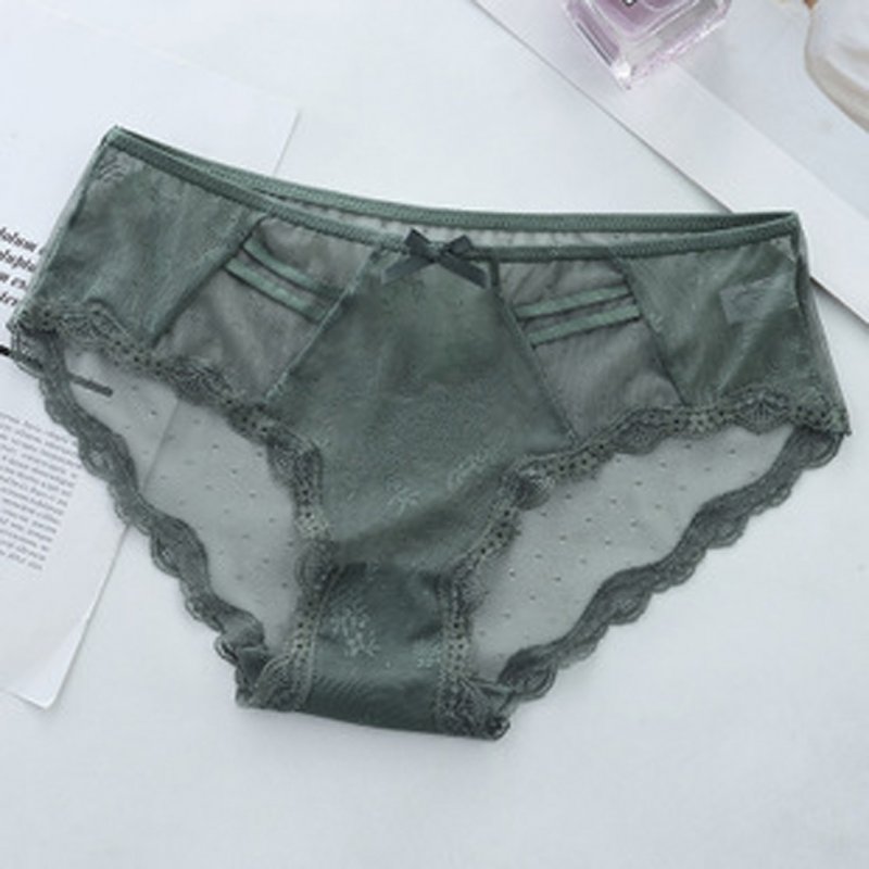 Women Sexy Briefs Ultra-thin Hollow Lace Cotton Crotch Underwear Quick-drying Panties Lady Lingerie Underpants ArmyGreen_One size