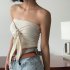 Women Sexy Front Twist Tube Top Strapless Solid Color Ruched Crop Top Sleeveless Slim Fit Tank Top light apricot M