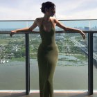 Women Sexy Halter Dress Fashion U-neck Backless Long Skirt Sleeveless Slim Fit Solid Color Dress For Evening Party Army Green S