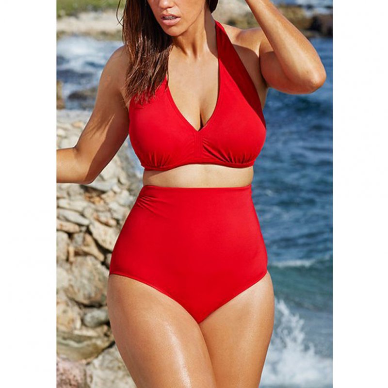 Women Sexy Halter Top Bikini Set Bandage Big Size High Waisted Swimsuit Plus Bathing Suit Girl Swimwear red_XL