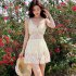 Women Sexy Lace Swimsuit Summer Thin Slim Fit Elegant Solid Color Swimwear Conservative Belly Covering Swimsuit 8219 white one size