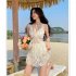Women Sexy Lace Swimsuit Summer Thin Slim Fit Elegant Solid Color Swimwear Conservative Belly Covering Swimsuit 8219 white one size