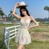 Women Sexy Lace Swimsuit Summer Thin Slim Fit Elegant Solid Color Swimwear Conservative Belly Covering Swimsuit 8219 white one size