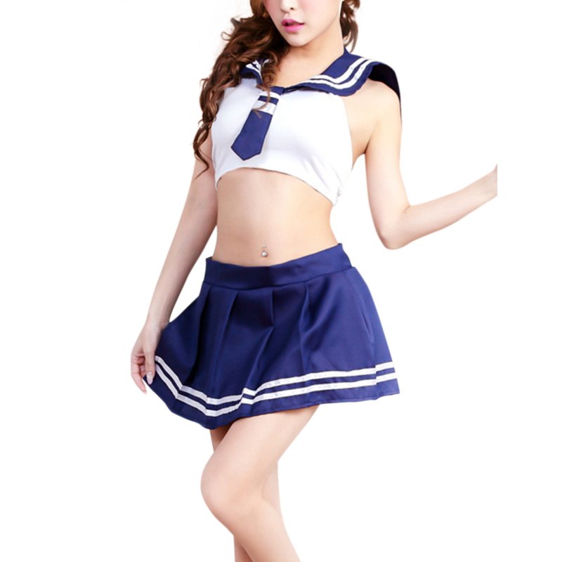 Women Sexy Lingerie School Uniform Adult Charming Short Backless Tops+Short Skirt Cosplay Outfit blue_one size