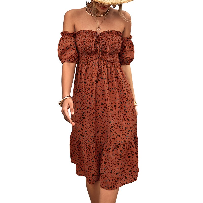 Women Sexy Off Shoulder Dress Elegant Floral Printing Ruffled Midi-skirt Summer Short Sleeve Dress For Party orange M