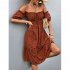 Women Sexy Off Shoulder Dress Elegant Floral Printing Ruffled Midi skirt Summer Short Sleeve Dress For Party orange M