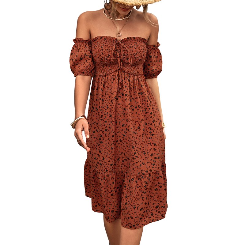 Women Sexy Off Shoulder Dress Elegant Floral Printing Ruffled Midi-skirt Summer Short Sleeve Dress For Party orange L