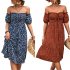 Women Sexy Off Shoulder Dress Elegant Floral Printing Ruffled Midi skirt Summer Short Sleeve Dress For Party navy blue S